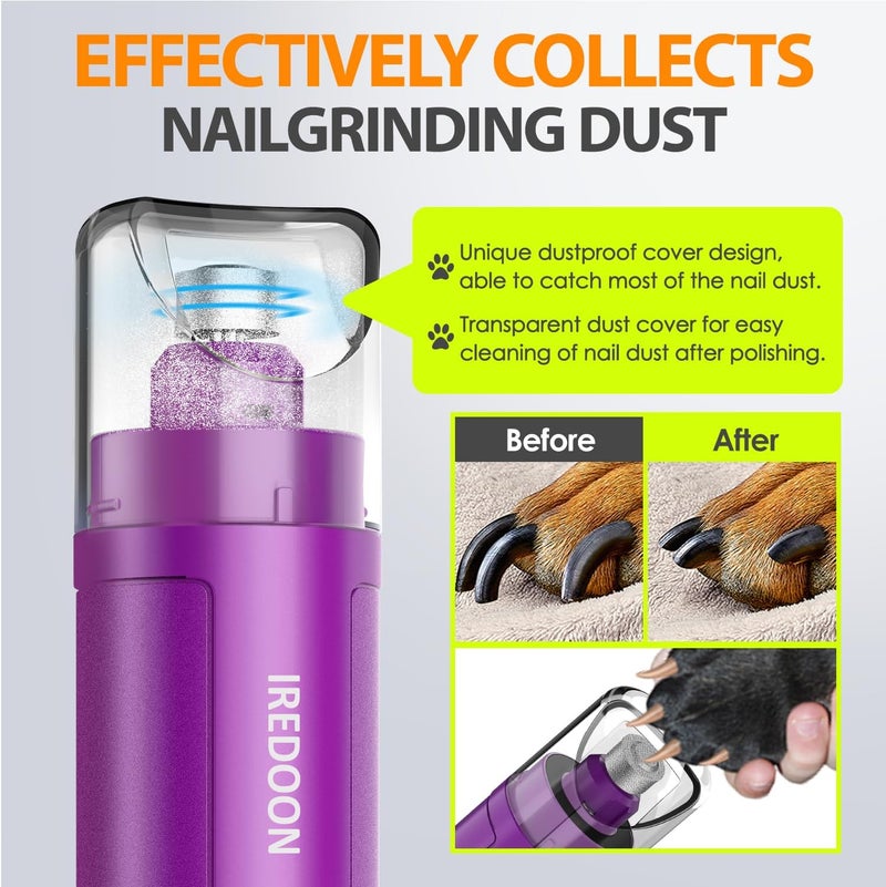 IREDOON Dog Nail Grinder Upgraded - Professional 3-Speed Super Quiet and Low Vibration Electric Pet Nail Grinder with 4 LED Lights - Painless Paws Grooming & Smoothing for Small to Large Dogs (Purple) - Image 4